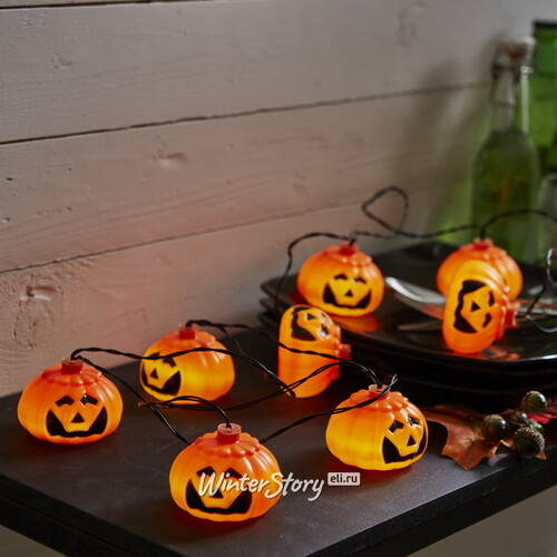 Светодиодная гирлянда на батарейках Halloween - Тыковка Джек 2.1 м, 8 холодных белых LED ламп, черный ПВХ, IP44 Star Trading