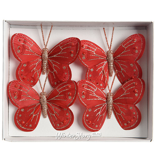 Елочная игрушка Бабочка - Мотылек Блестящая 8*6 см красная 4 шт, на проволоке Kaemingk