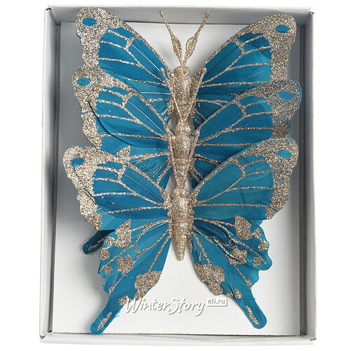 Елочная игрушка Бабочка Блестящая 12*10 см лазурная синяя 3 шт, на проволоке Kaemingk