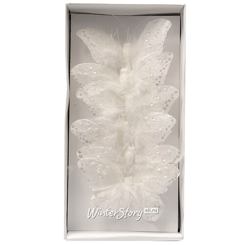 Елочное украшение Бабочки Мотыльки 8*5 см белые 6 шт на проволоке Kaemingk