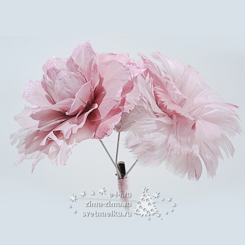 Букет роз с перышками, 5 см, клипса, розовый Kaemingk