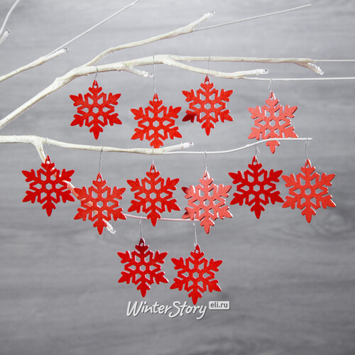 Набор деревянных ёлочных украшений - Красные Снежинки 5 см, 12 шт Breitner