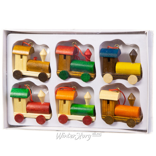 Набор деревянных ёлочных игрушек Сказочные Паровозики 5 см, 6 шт, подвеска Breitner