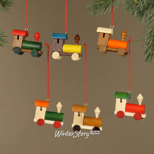Набор деревянных ёлочных игрушек Сказочные Паровозики 5 см, 6 шт, подвеска Breitner