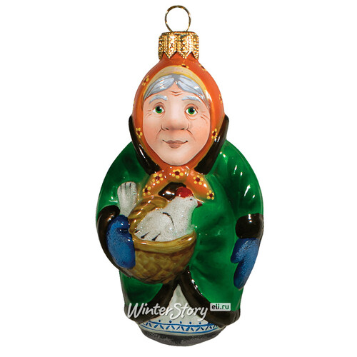 Стеклянная ёлочная игрушка Бабка с курочкой в зелёном пальто 11 см, подвеска Фабрика Ариель