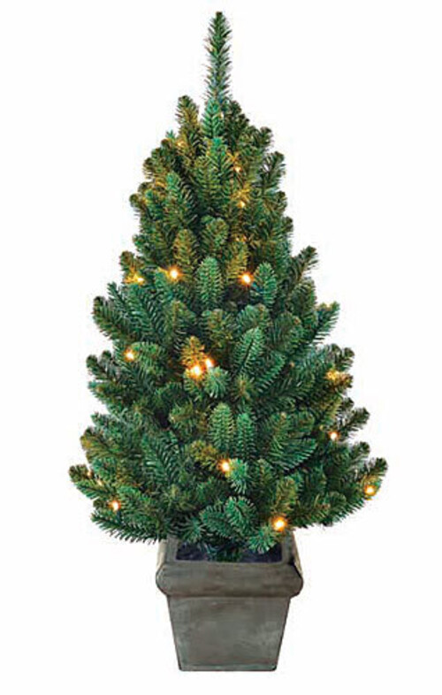 Искусственная елка с лампочками Горная в горшочке 125 см, 60 теплых белых ламп, батарейка, ПВХ Black Box