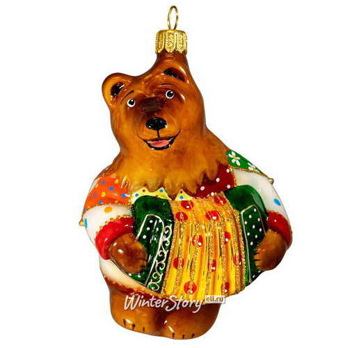 Стеклянная елочная игрушка Медведь с гармошкой - Веселые лоскутки 13 см, подвеска Фабрика Ариель