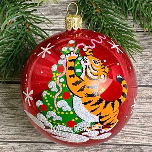 Стеклянный елочный шар Зодиак - Тигр Лиам наряжает елку 7 см красный Фабрика Елочка