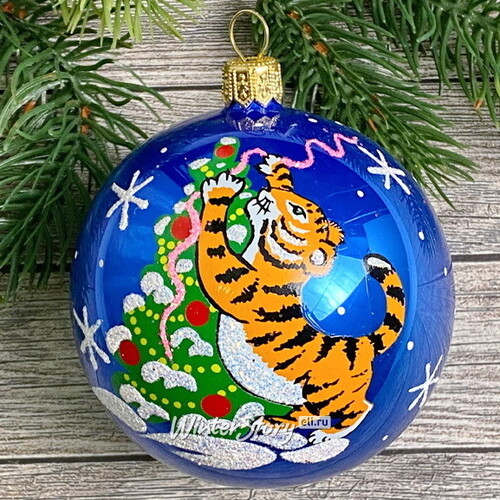 Стеклянный елочный шар Зодиак - Тигр Лиам наряжает елку 7 см синий Фабрика Елочка