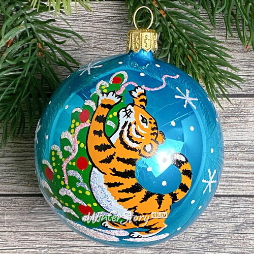 Стеклянный елочный шар Зодиак - Тигр Лиам наряжает елку 7 см бирюзовый Фабрика Елочка