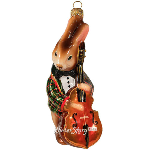 Стеклянная ёлочная игрушка Кролик с контрабасом 13 см, подвеска Фабрика Ариель