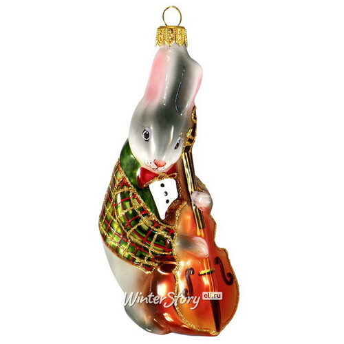 Стеклянная елочная игрушка Кролик с контрабасом - Веселый оркестр 13 см, подвеска Фабрика Ариель