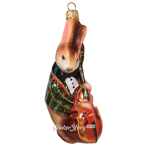 Стеклянная ёлочная игрушка Кролик с контрабасом 13 см, подвеска Фабрика Ариель