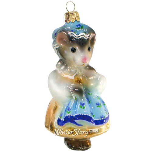 Стеклянная ёлочная игрушка Мышь хозяюшка в голубом чепчике 12 см, подвеска Фабрика Ариель