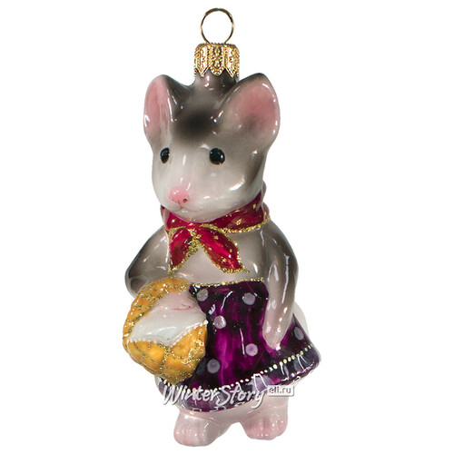 Стеклянная ёлочная игрушка Мышка с корзинкой в малиновом фартуке 10 см, подвеска Фабрика Ариель