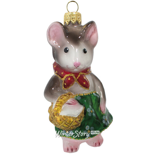 Стеклянная ёлочная игрушка Мышка с корзинкой в зелёном фартуке 10 см, подвеска Фабрика Ариель