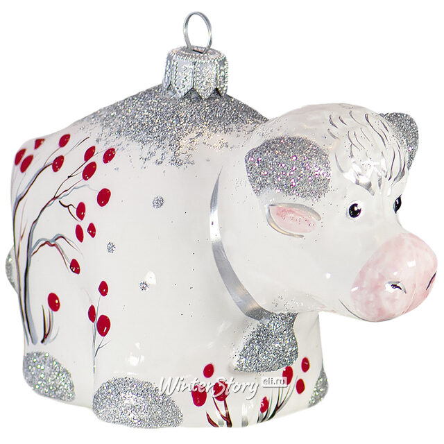 Стеклянная елочная игрушка Бычок Снежок 8 см, подвеска Фабрика Ариель