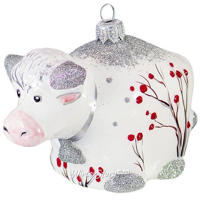 Стеклянная елочная игрушка Бычок Снежок 8 см, подвеска Фабрика Ариель