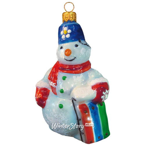 Стеклянная елочная игрушка Снеговик с санками 12 см голубой, подвеска Фабрика Ариель