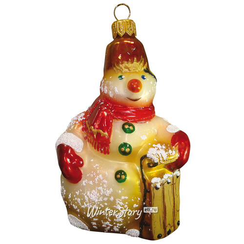 Стеклянная елочная игрушка Снеговик с санками 12 см золотой, подвеска Фабрика Ариель