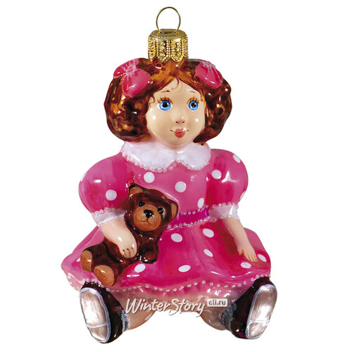Стеклянная елочная игрушка Кукла Стейси с медвежонком 10 см, подвеска Фабрика Ариель