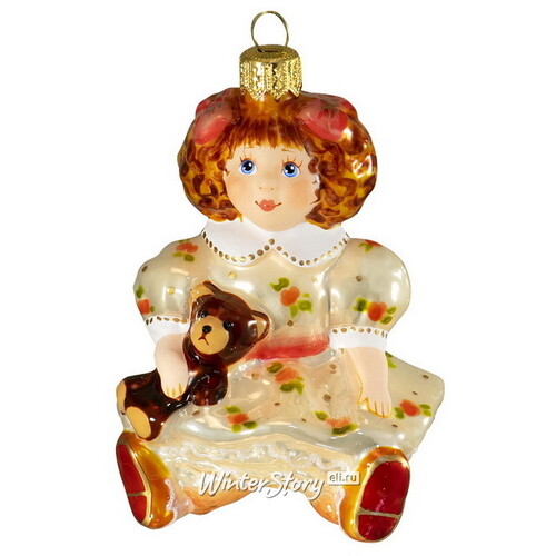 Стеклянная елочная игрушка Кукла с медвежонком 10 см, подвеска Фабрика Ариель