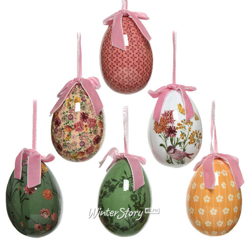 Пасхальные украшения Яйца с лентами - Полевые цветы 8 см, 6 шт, подвеска Kaemingk