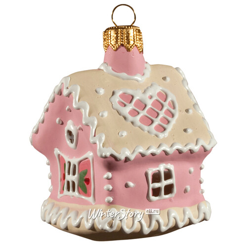 Стеклянная елочная игрушка Домик-пряник - Новогодняя кондитерская 7 см розовый, подвеска Фабрика Ариель