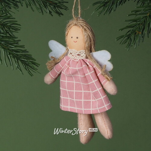 Ёлочная игрушка Ангел Юми в розовом клетчатом платьице 13 см, подвеска Breitner