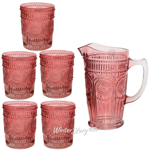 Набор для воды Робертино: кувшин + 5 стаканов, розовый, стекло Kaemingk