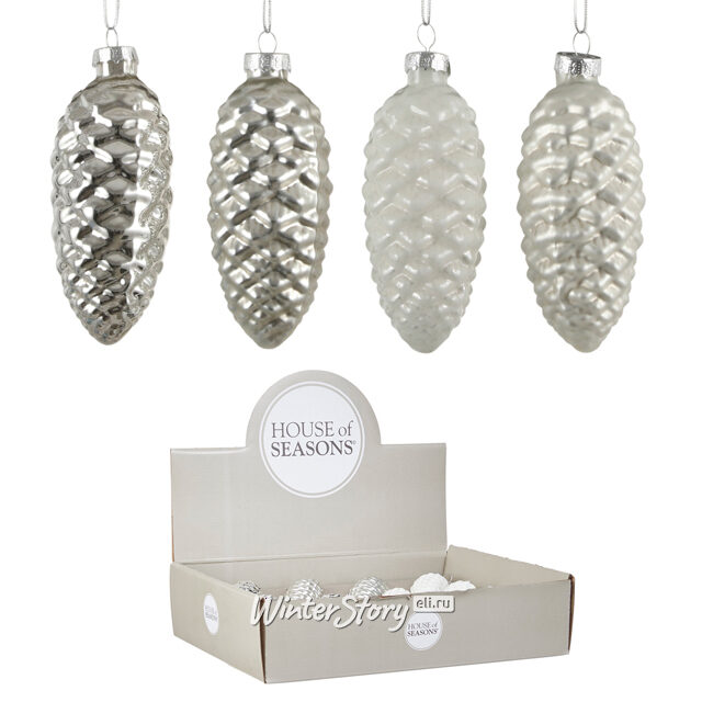 Набор стеклянных елочных игрушек Волшебные Шишки 10 см бело-серебряные, 12 шт Edelman