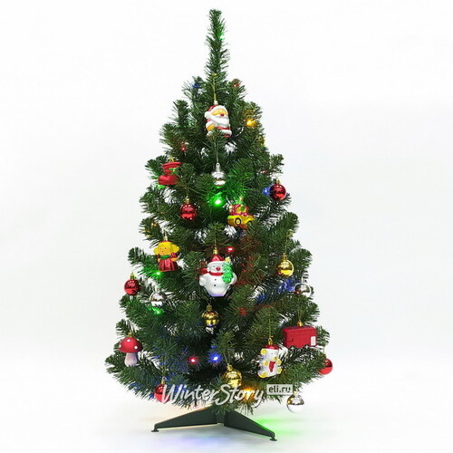 Настольная елка Christmas Story 90 см с игрушками и разноцветной LED гирляндой на батарейках, ПВХ Edelman