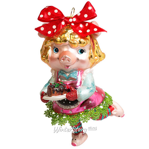 Стеклянная елочная игрушка Свинка Кети с рождественским кексом 15 см, подвеска Holiday Classics