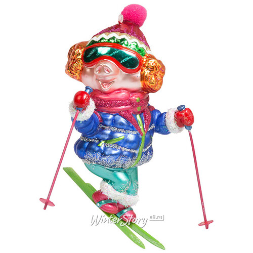 Стеклянная елочная игрушка Свинка - Гламурная лыжница 15 см, подвеска Holiday Classics