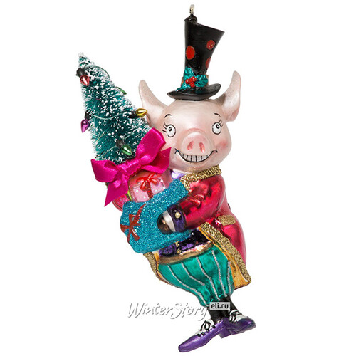 Стеклянная елочная игрушка Поросенок - Джентльмен с елочкой 15 см, подвеска Holiday Classics