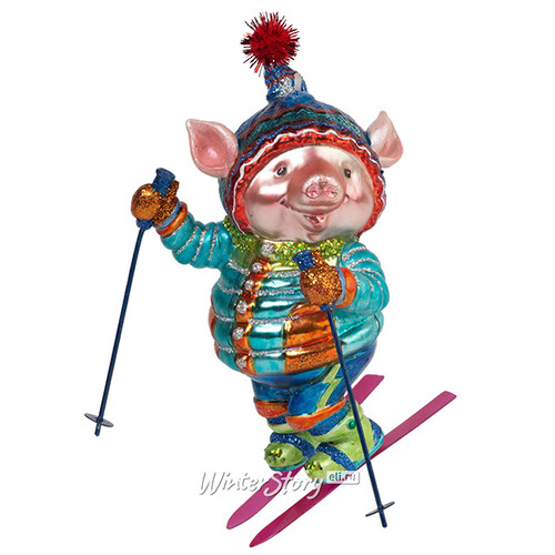 Стеклянная елочная игрушка Свин - Гламурный лыжник 16 см, подвеска Holiday Classics