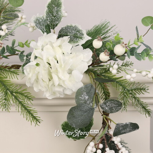 Хвойная гирлянда с ягодами и цветами Флори - White Berry 150 см, ЛИТАЯ + ЛЕСКА Christmas Deluxe