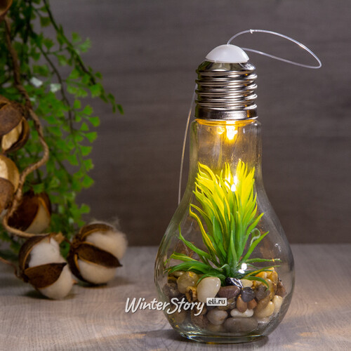 Декоративный светильник Лампочка Флора 19 см с зеленым цветком, батарейки Kaemingk