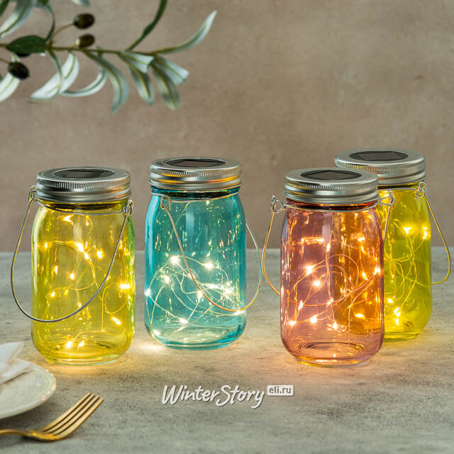 Подвесной солнечный светильник Банка Solar Fairy 14 см, 10 теплых белых LED ламп, оливковый, IP44 Kaemingk