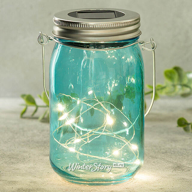 Подвесной солнечный светильник Банка Solar Fairy 14 см, 10 теплых белых LED ламп, голубой, IP44 Kaemingk