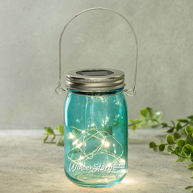 Подвесной солнечный светильник Банка Solar Fairy 14 см, 10 теплых белых LED ламп, голубой, IP44 Kaemingk