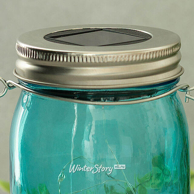 Подвесной солнечный светильник Банка Solar Fairy 14 см, 10 теплых белых LED ламп, голубой, IP44 Kaemingk