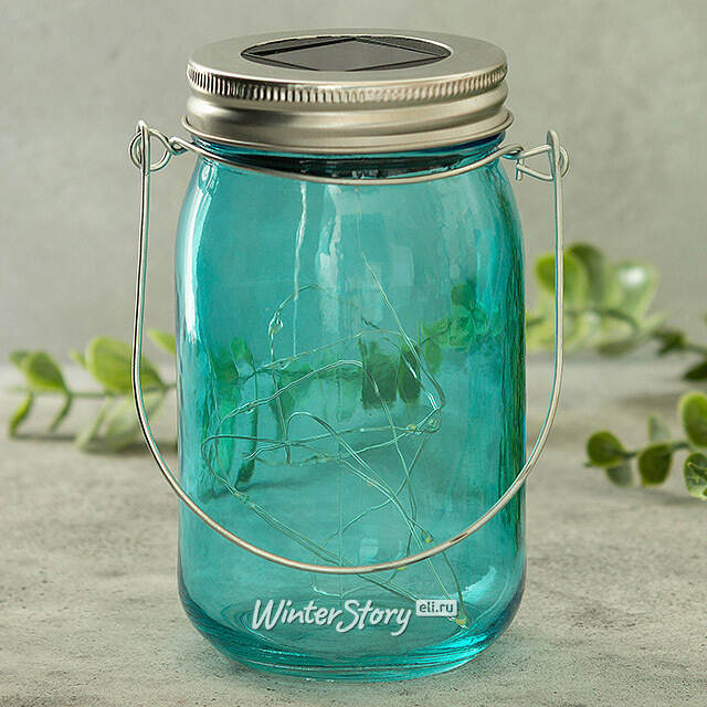 Подвесной солнечный светильник Банка Solar Fairy 14 см, 10 теплых белых LED ламп, голубой, IP44 Kaemingk