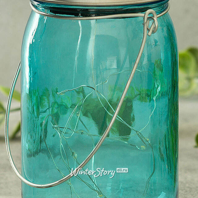 Подвесной солнечный светильник Банка Solar Fairy 14 см, 10 теплых белых LED ламп, голубой, IP44 Kaemingk