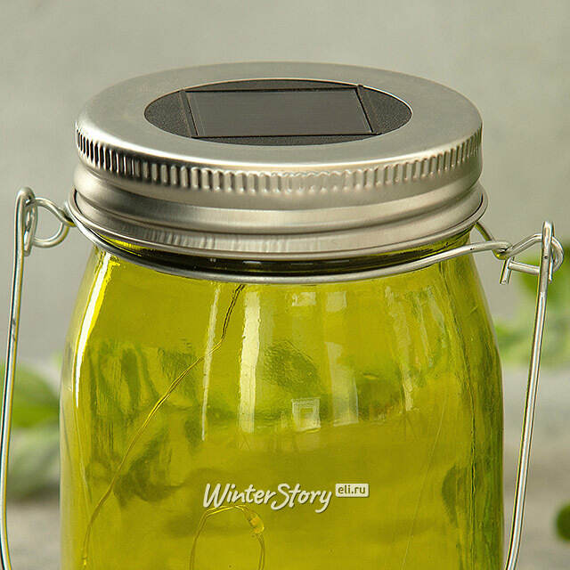 Подвесной солнечный светильник Банка Solar Fairy 14 см, 10 теплых белых LED ламп, оливковый, IP44 Kaemingk