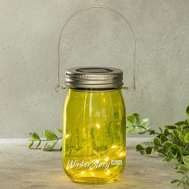 Подвесной солнечный светильник Банка Solar Fairy 14 см, 10 теплых белых LED ламп, оливковый, IP44 Kaemingk