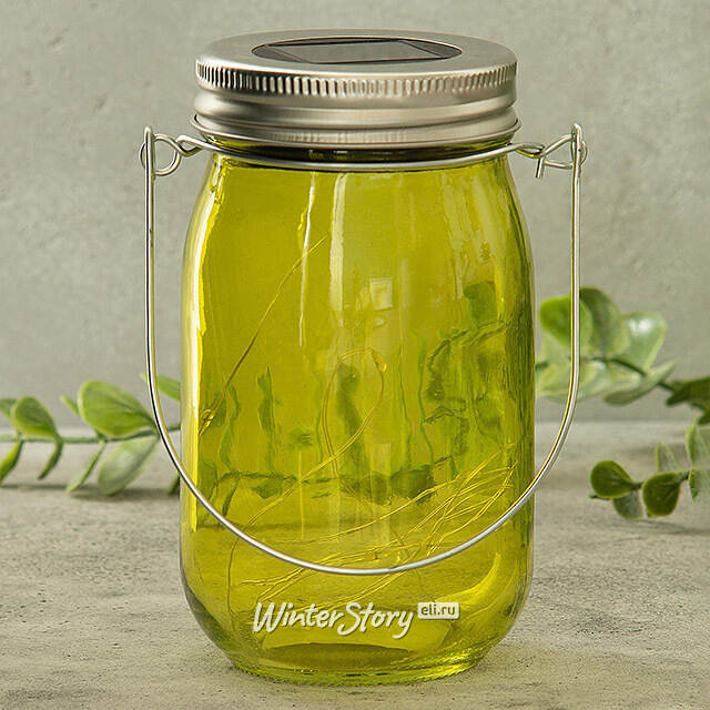 Подвесной солнечный светильник Банка Solar Fairy 14 см, 10 теплых белых LED ламп, оливковый, IP44 Kaemingk