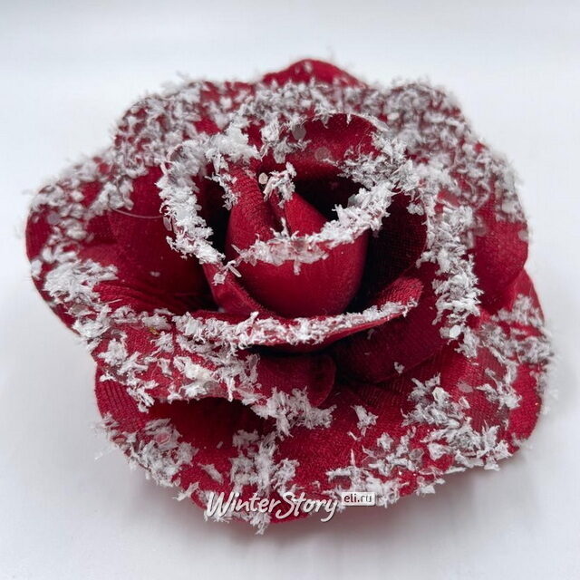 Роза Fleur Congelee заснеженная 10 см бордовая, клипса Christmas Deluxe