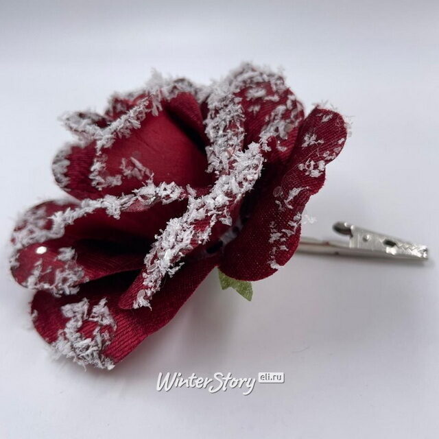 Роза Fleur Congelee заснеженная 10 см бордовая, клипса Christmas Deluxe