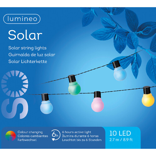 Гирлянда лампочки на солнечной батарее Solar Colors, 10 ламп с разноцветным RGB свечением, 2.7 м, черный ПВХ, IP44 Kaemingk